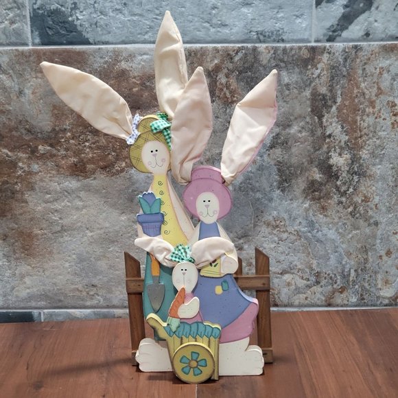 Easter Decor Wooden Three Bunny Rabbts Cloth Ears - Picture 1 of 13